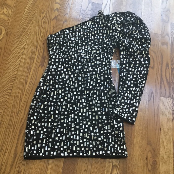 MAC DUGGAL one shoulder embellished puff sleeve silver mini dress sz.2 - Picture 6 of 13